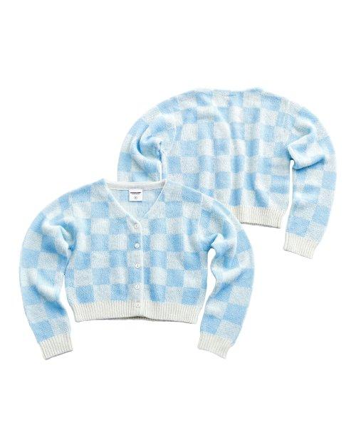 CHECKERED JACQUARD MOHAIR BLEND CARDIGAN SKY BLUE/WHITE(FOR WOMEN)