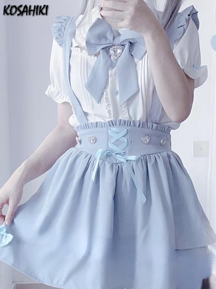 2023 일본 요정 블라우스, 귀여운 카와이 턴 다운 칼라 셔츠, 캐주얼 올 매치 Y2k, 미적 러플 블라우스, 여름