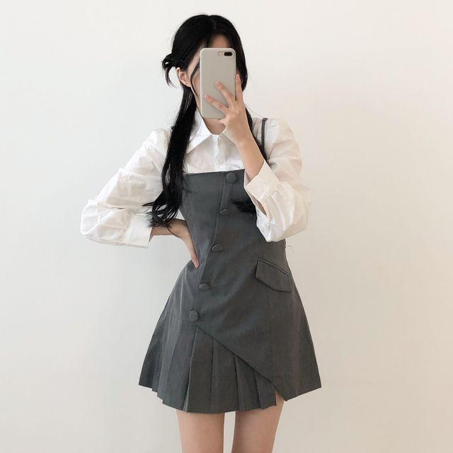 [얼리버드가을/set] 위니 카라 퍼프 긴팔 블라우스 + 뷔스티에 원피스_코튼로그