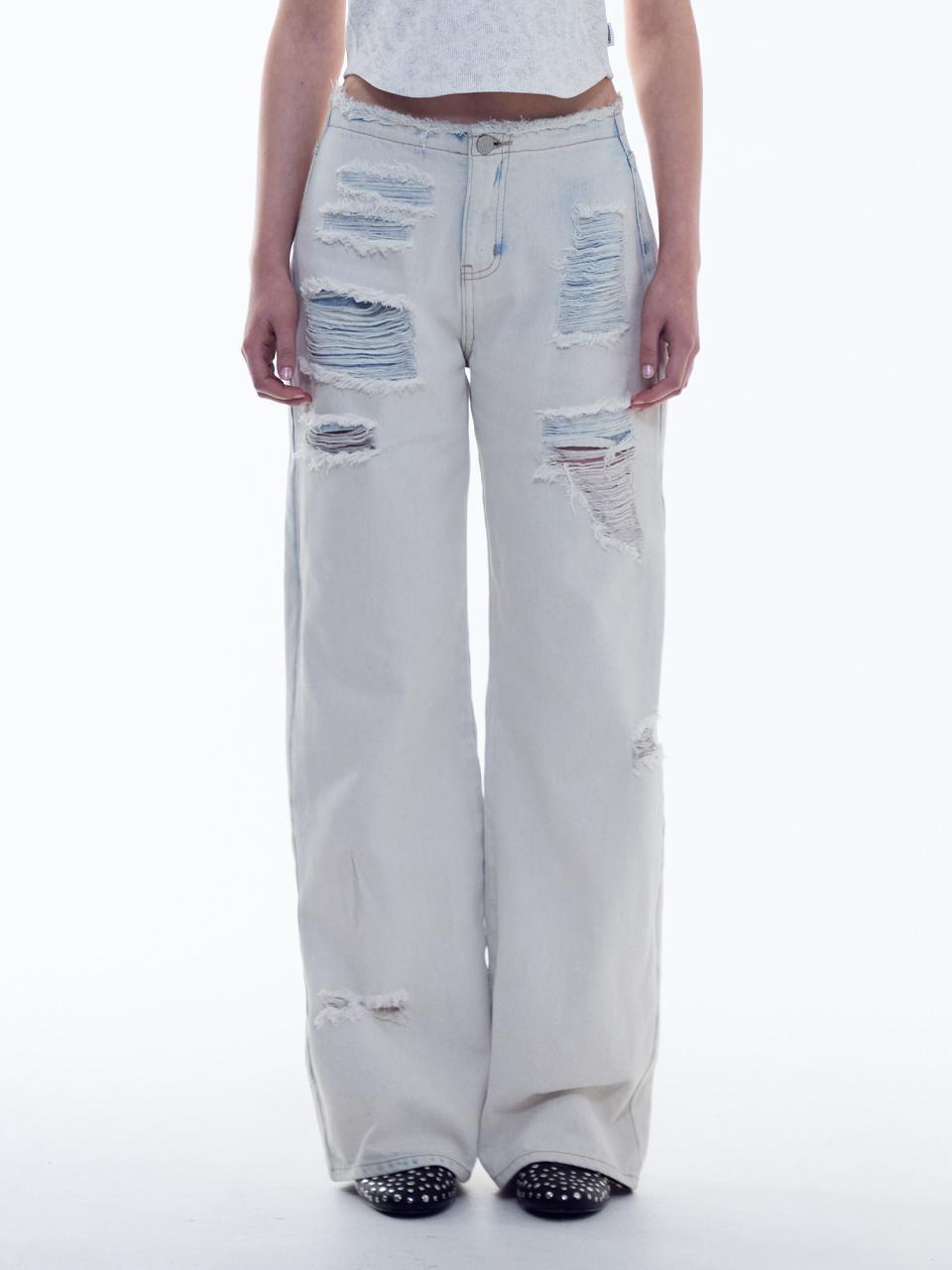 로우라이즈 데미지 와이드 진 [SKY BLUE] - (주)원더플레이스