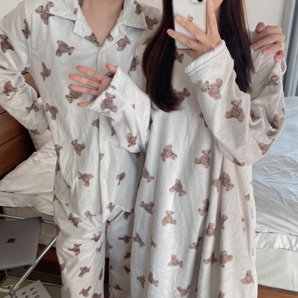 국내제작 곰돌이 커플 극세사 여성 남성 수면잠옷 겨울 파자마