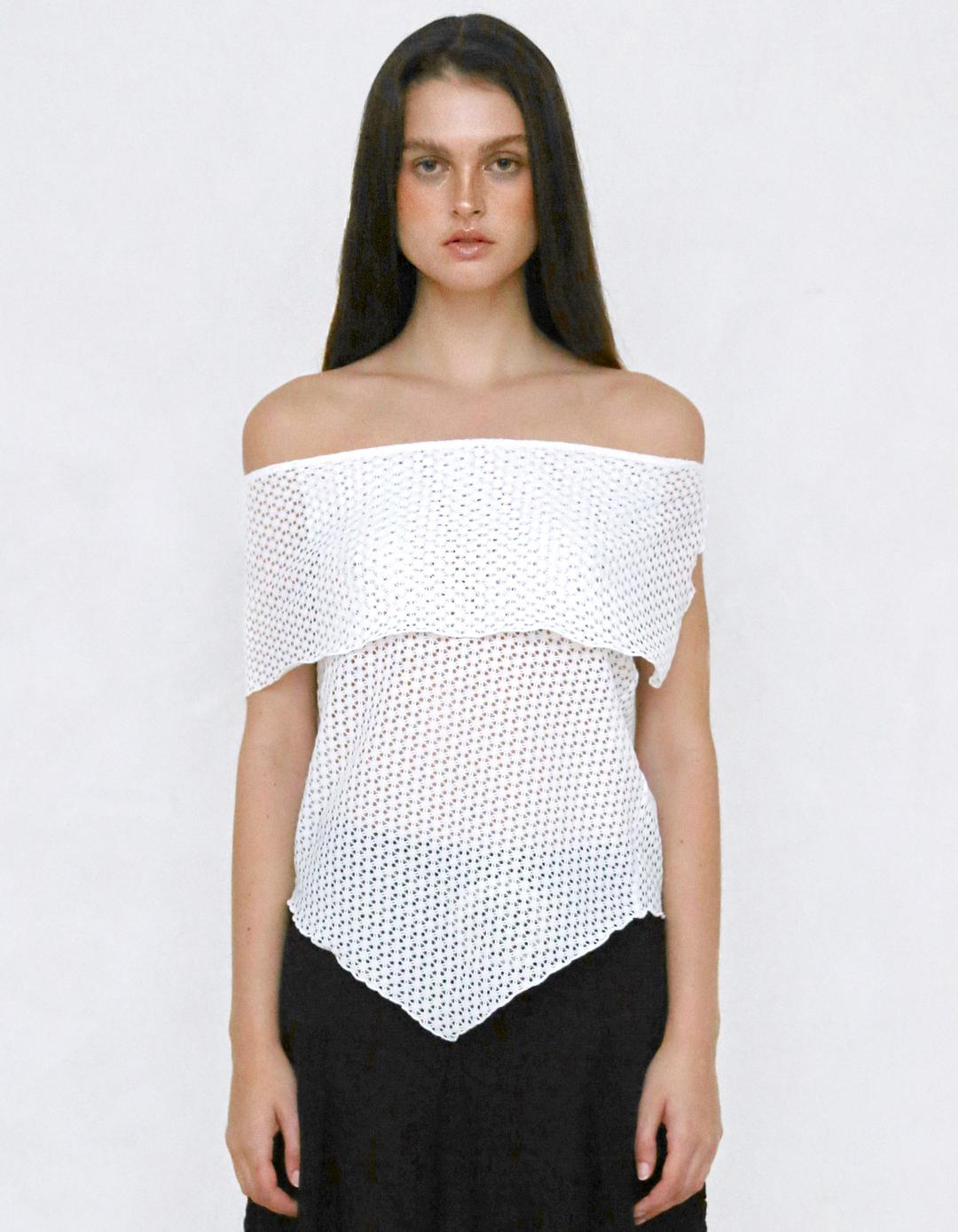 PUNCHED LACE OFF-SHOULDER TOP, WHITE