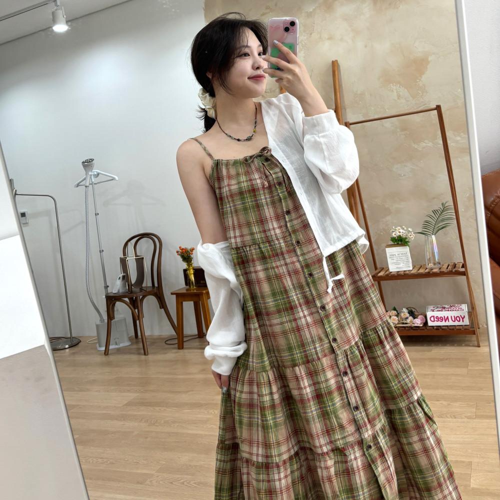 [빅사이즈/~88] 빈티지 체크 나시 롱원피스