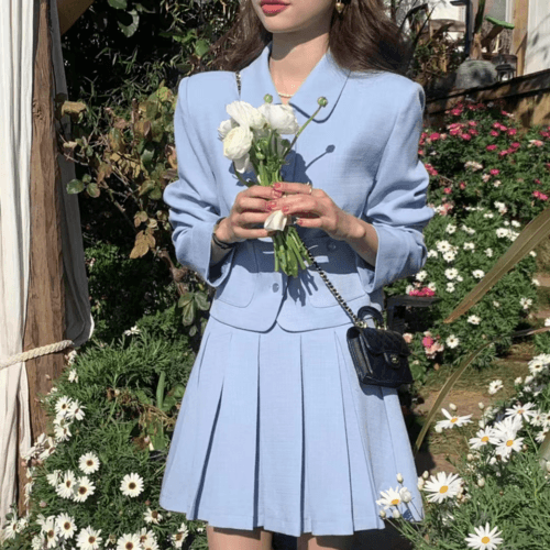 까모 [자켓세트/20대데이트룩] 가을 자켓 카라 긴팔 린넨자켓 플리츠스커트 교복스타일 미니스커트 A라인 테니스치마 소라 블랙 투피스세트 *하객코디,데이트룩,결혼식하객룩,소개팅룩 귀여운 옷