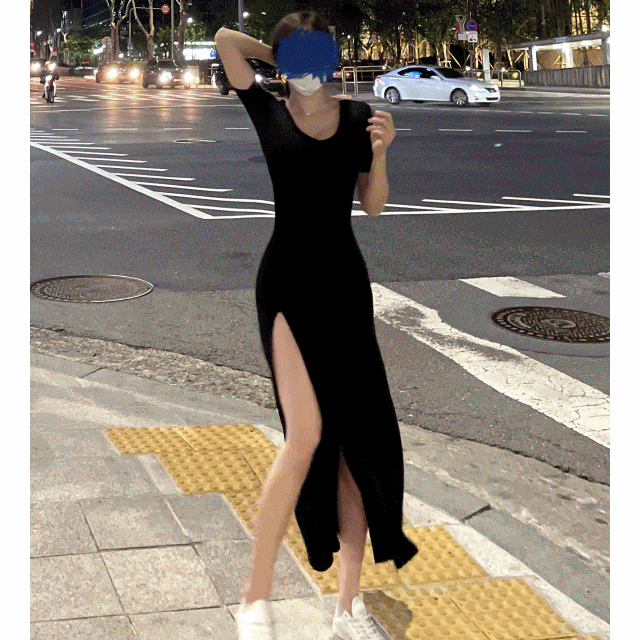 [은근섹시/핏예술/고퀄리티] 꾸안꾸 글램 슬림 브이넥 허벅지 트임 스판 반팔 플레어 롱 원피스 (마실룩)