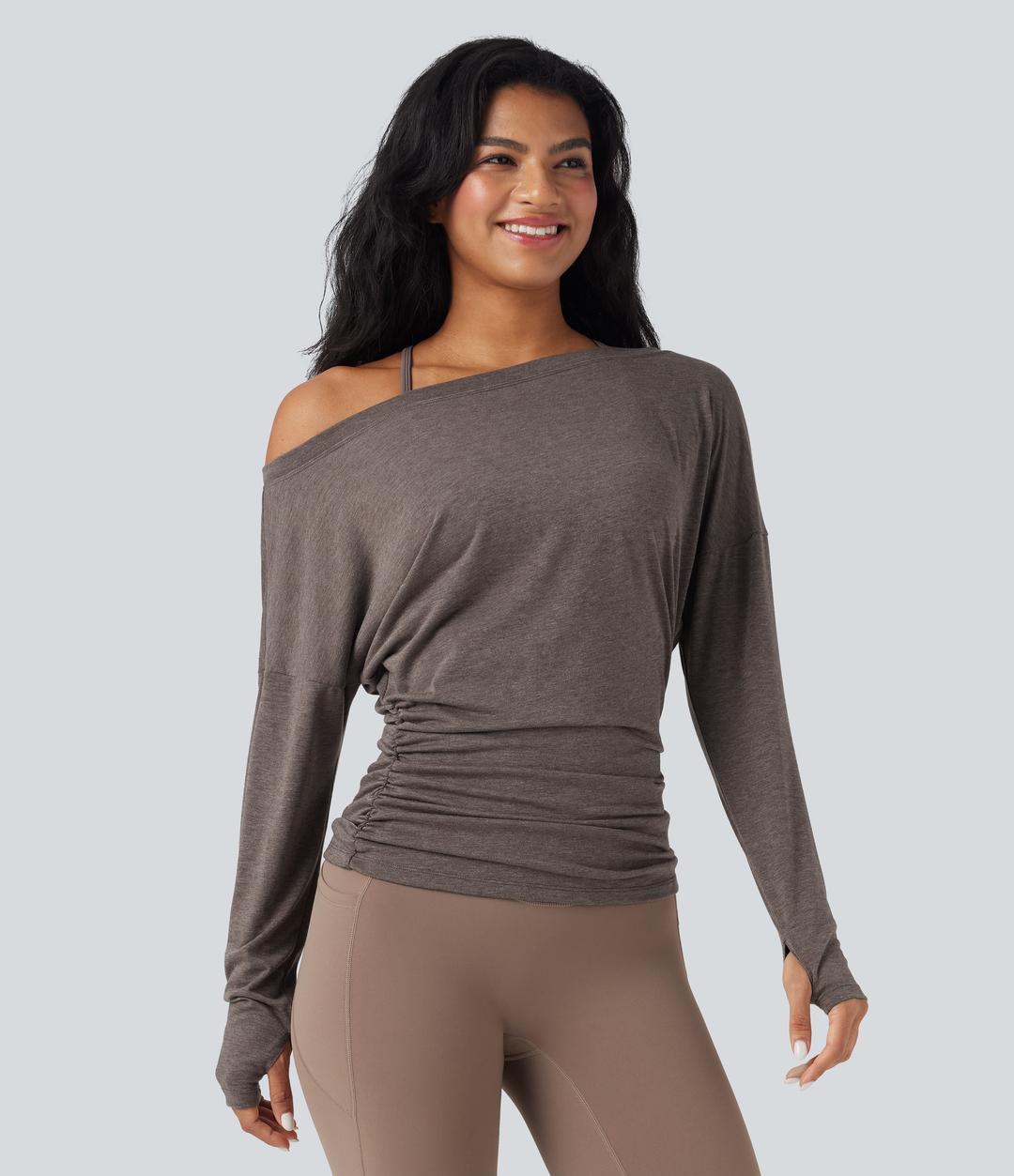 One Shoulder Long Sleeve Thumb Hole Ruched Yoga Sports Top