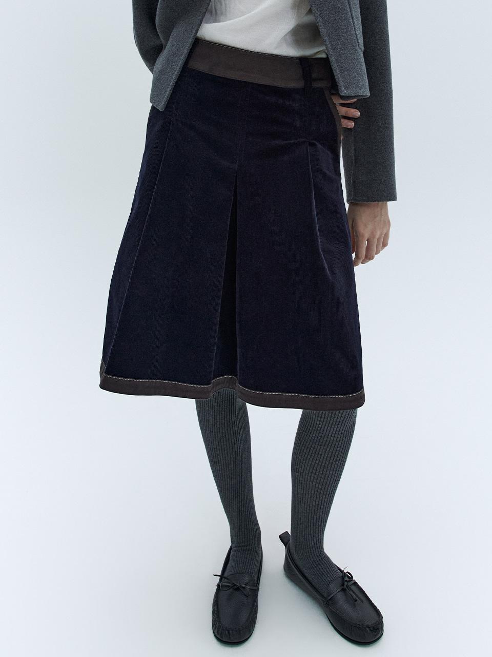 (리퍼브) 코듀로이 배색 스커트_NAVY