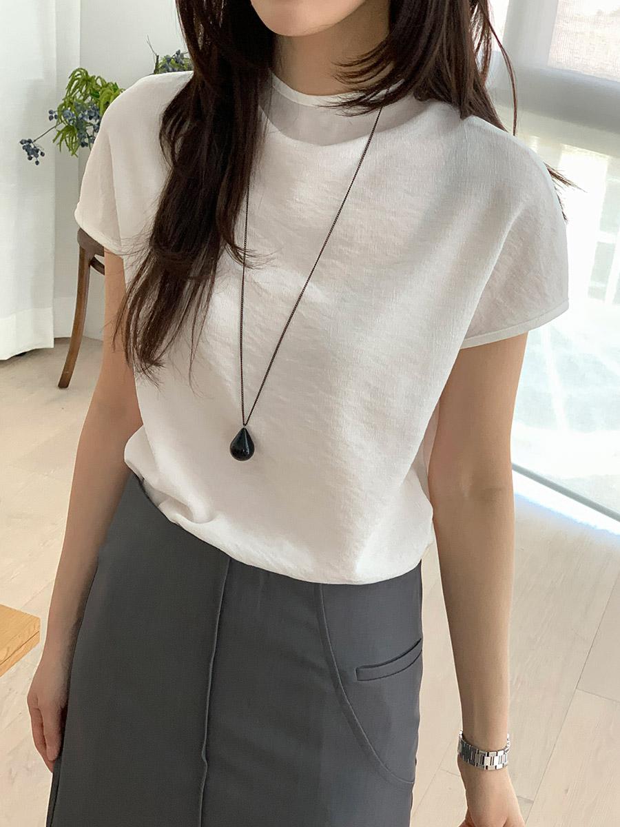 나이브실루엣 코르키 반목 시스루 레글런 링클 반팔 블라우스 3color
