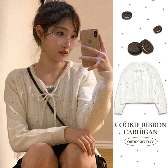 [2월중순입고]쿠키 리본 피셔 진주 버튼 니트 긴팔 가디건 one color