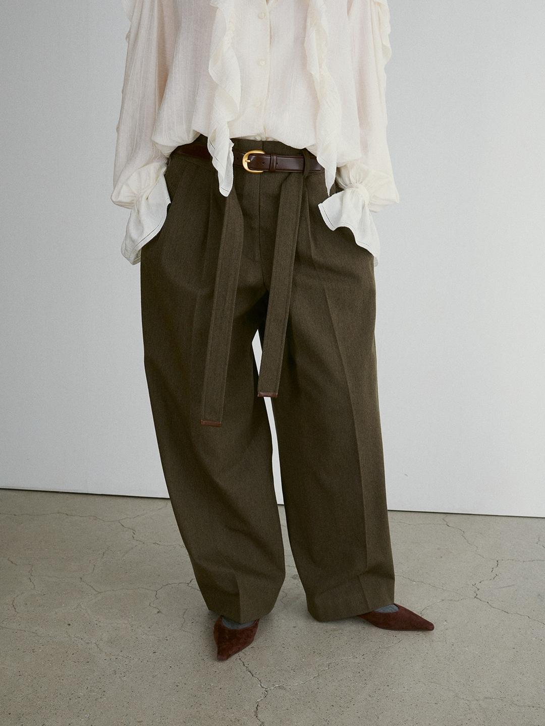 WOMENS BELT DETAIL HIGH-WAIST PANTS (KHAKI)