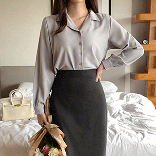 찰랑 쫀득한 링클프리 패브릭의 심플 베이직 오픈카라 블라우스 blouse bs5039