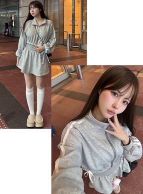 ラインブルゾン×リボンスカートスウェットセットアップ[jm001]