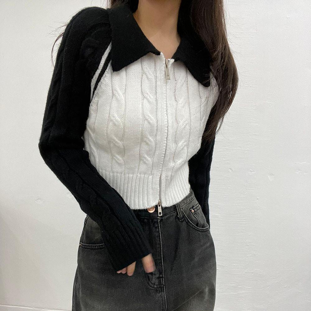 cable collar crop zip-up 꽈배기 배색 크롭 집업 (2color)