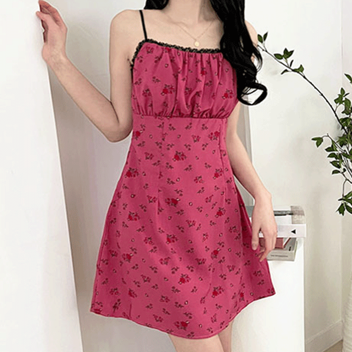 [컬러감 굿!/미니아이템] 체밍 핑크 플라워 뷔스티에 나시 레이스 미니 원피스