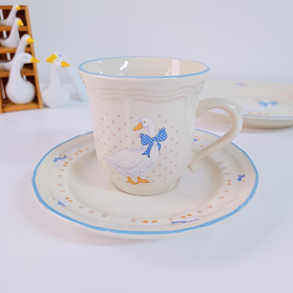 빈티지 브릭오븐 스톤웨어 구스 컵앤소서 귀여운패턴 커피잔