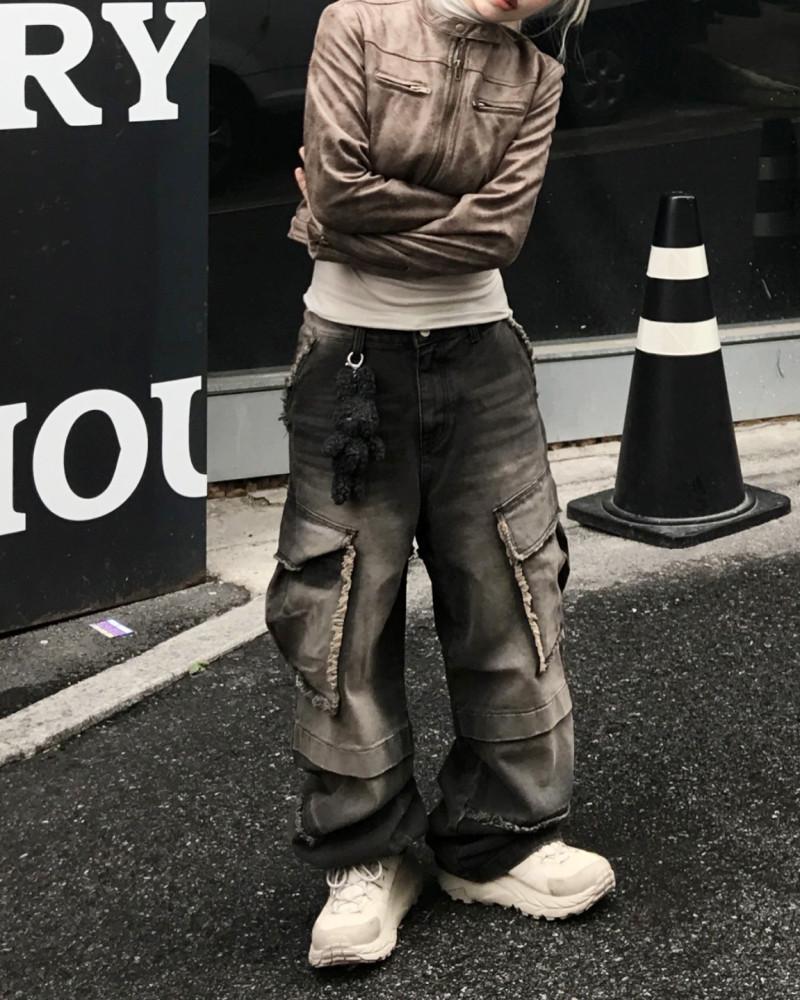[히니츠키] 남녀공용 빈티지 프린지 흑청 카고 데님 워싱 와이드 팬츠