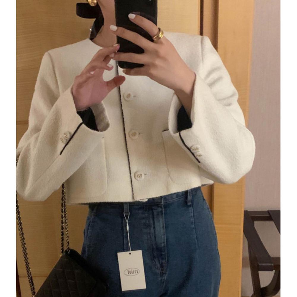 미엘 젠 배색 자켓 여성 가을 노카라 트위드 재킷