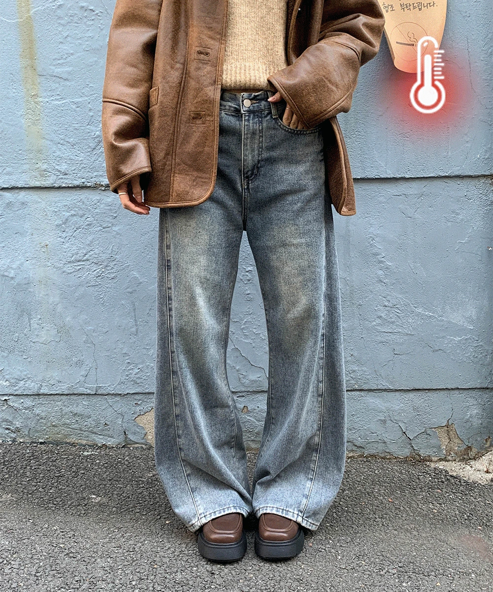 [~2XL/숏,롱] 얼리 기모 절개 와이드 데님 팬츠