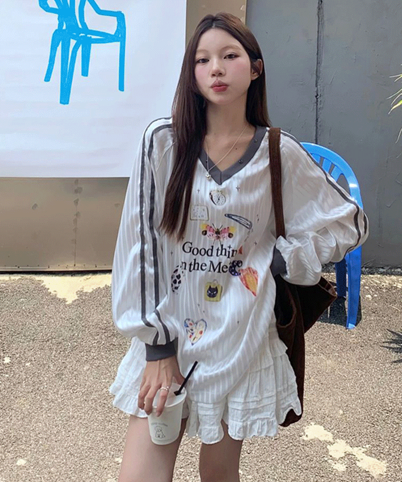 제나 블록코어 브이넥 긴팔티