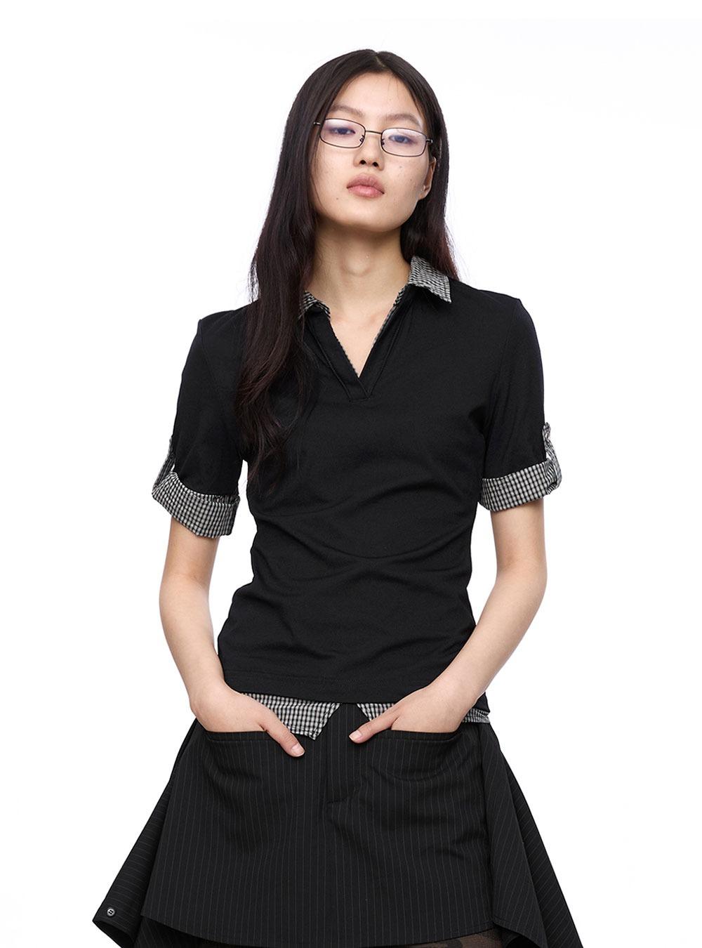 Checkered Patchwork Polo Short Sleeve Top