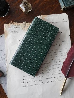 Glossy 악어가죽 장지갑 딥 그린