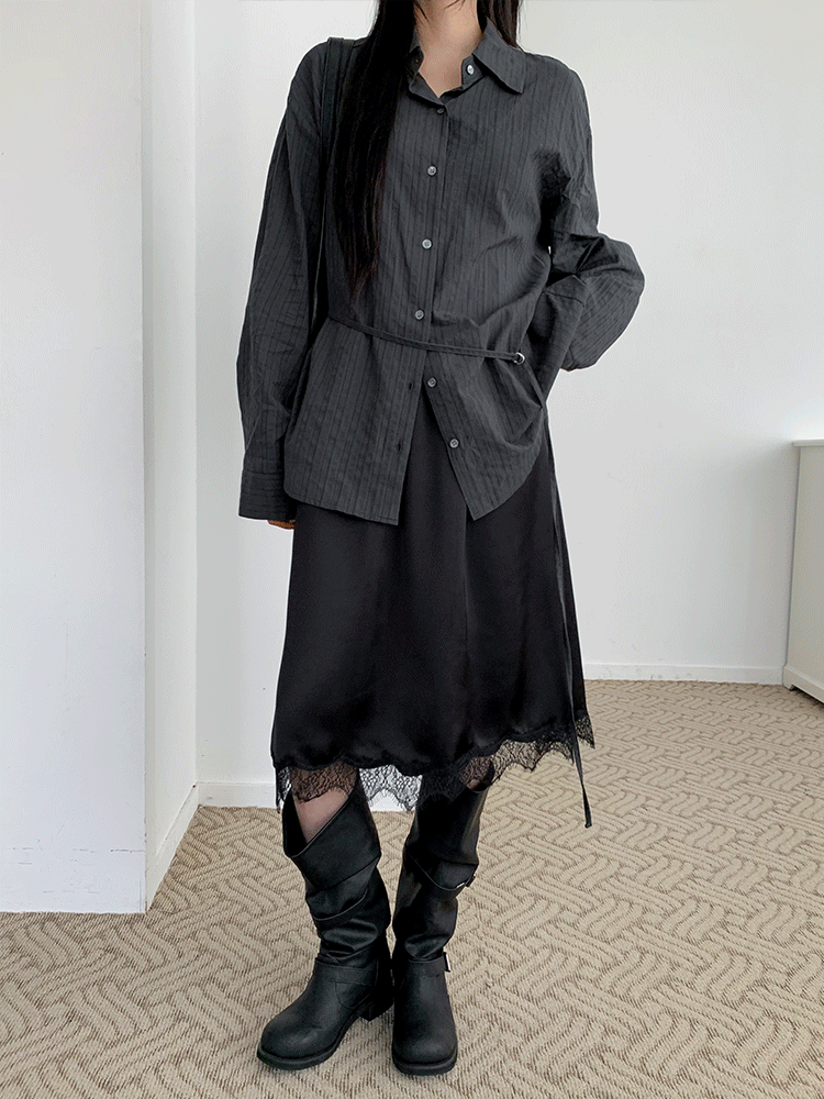 하이리밋 [블랙,그레이 당일발송!] 티치 레이스 실키 새틴 미디 스커트