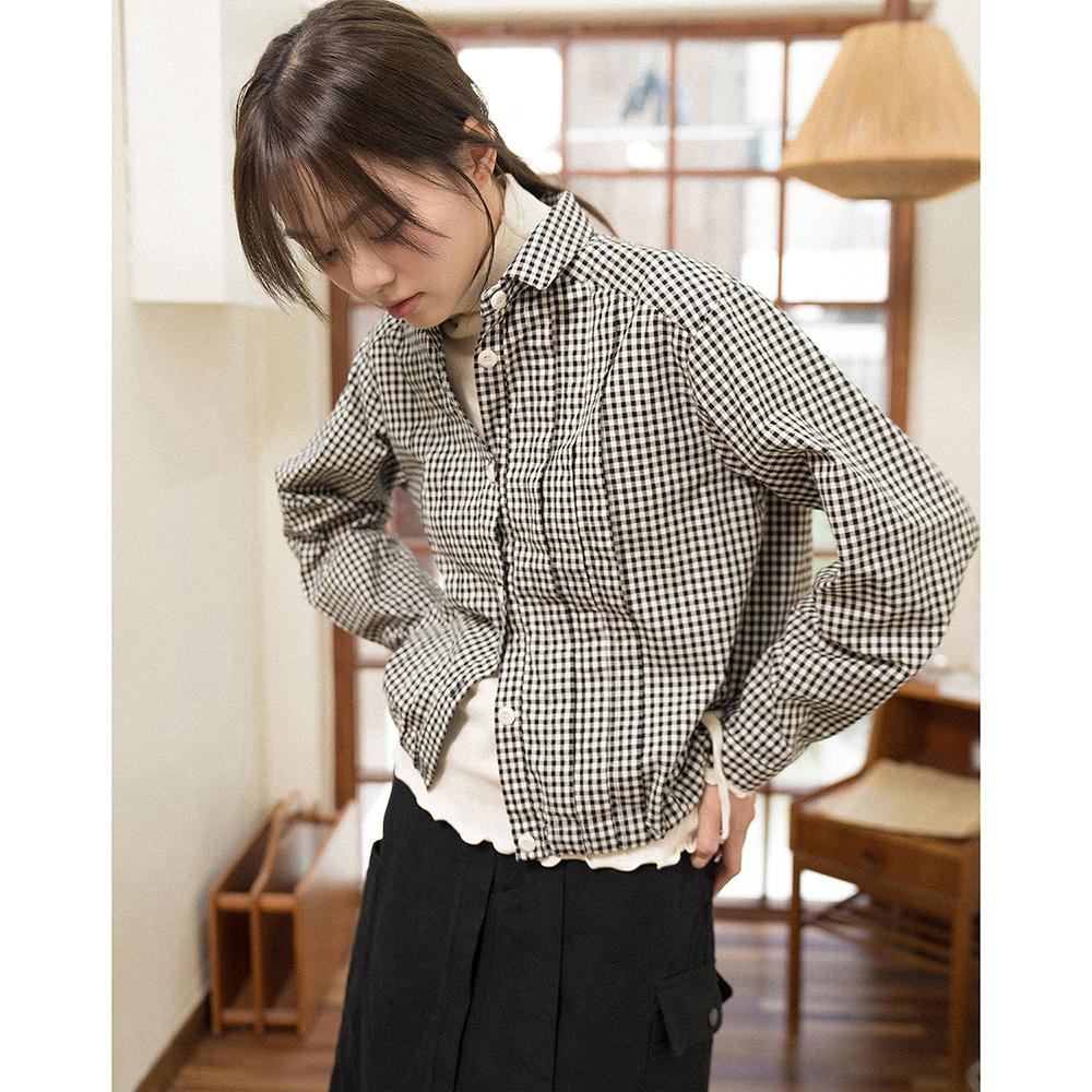 Wide Pintuck String Check Shirts - Black Check