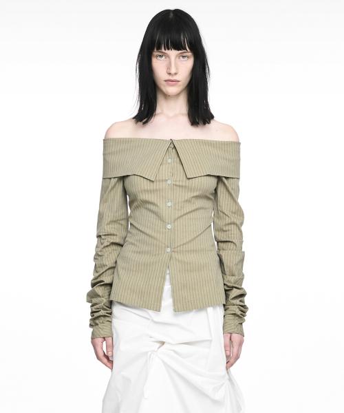 STRIPED OFF SHOULDER SHIRT KHAKI BEIGE