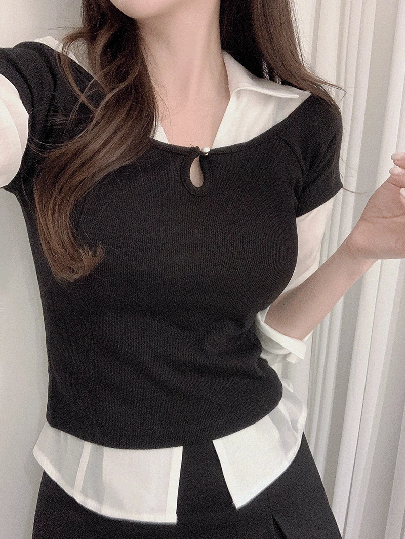 아쥬 진주버튼 트임 반팔티