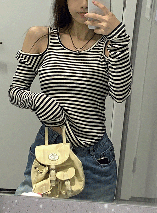 리트 투톤 어깨트임 긴팔 크롭 티셔츠