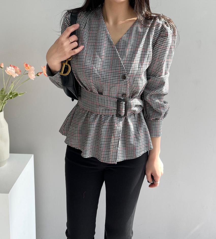[어쓰] 체크 벨트 랩 허리밴딩 블라우스 (2color)