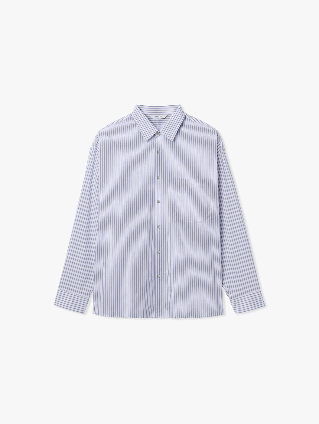 스트라이프 오버 셔츠 - 화이트 (라이트 네이비)