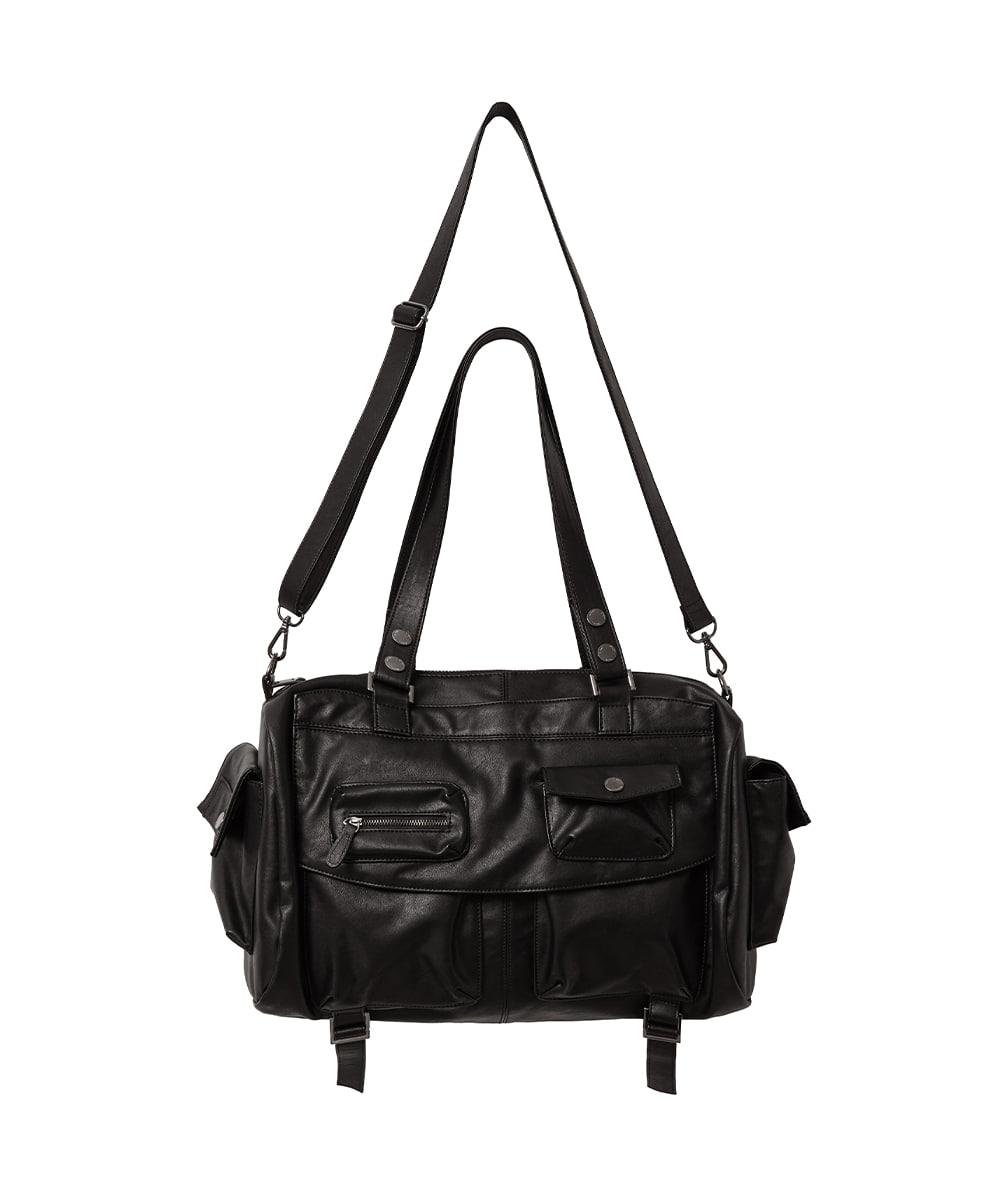 Multi pocket leather shoulder bag BLACK