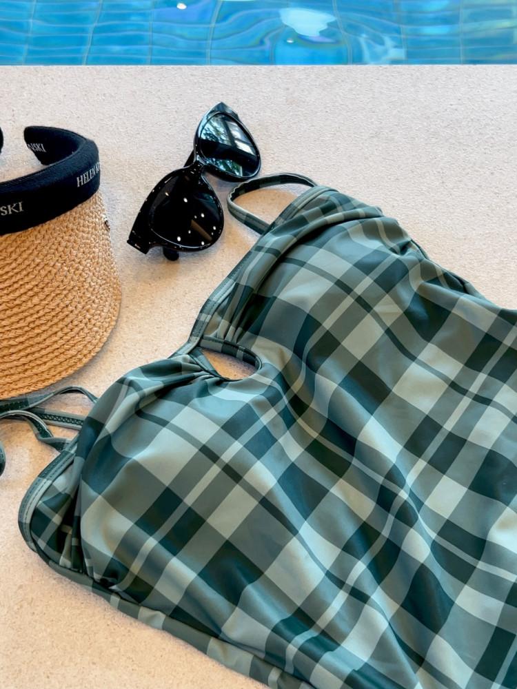그린체크수영복 원피스수영복 모노키니 깅엄체크 초록체크수영복