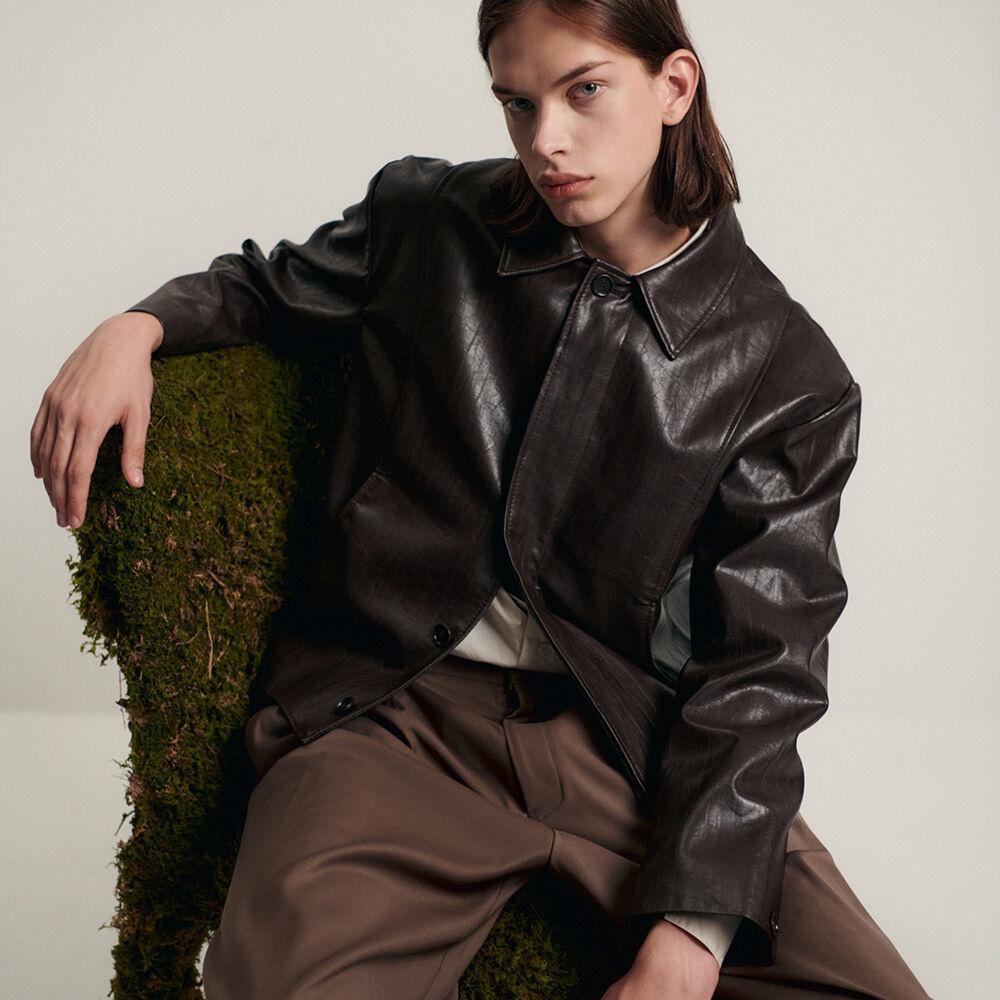 비건 레더 절개 자켓 - 브라운