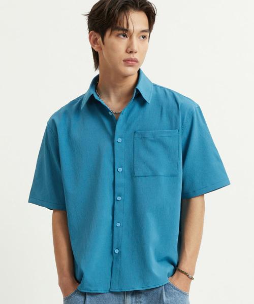 크링클 써머 반팔 셔츠-블루그린