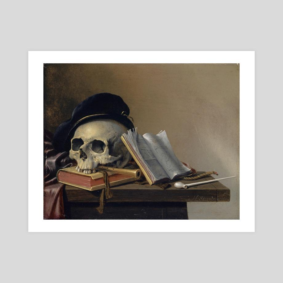 Still Life with Skull, Books, Flute and Pipe, an art print by MyCozyFineArt