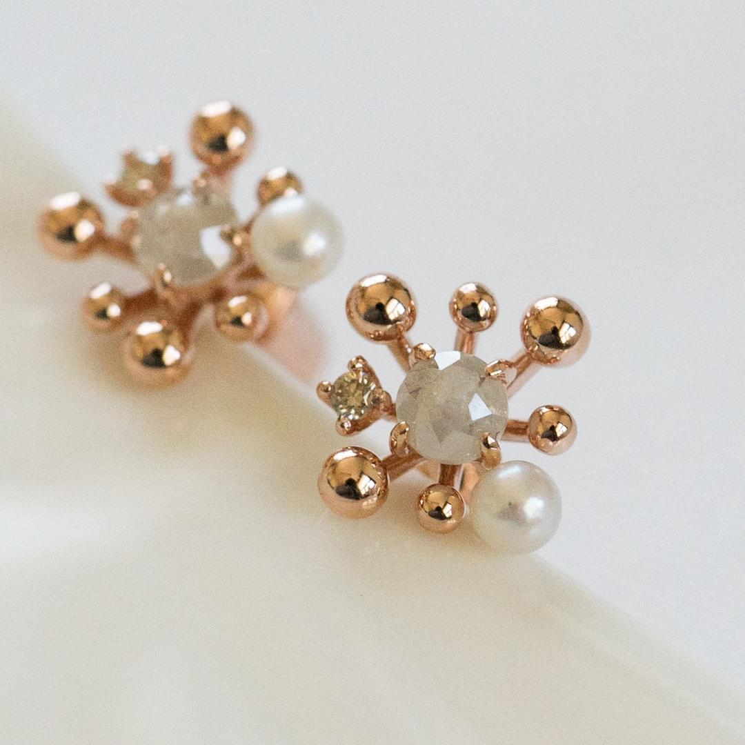 아이스 그레이 러프 다이아 담수진주 눈꽃 귀걸이