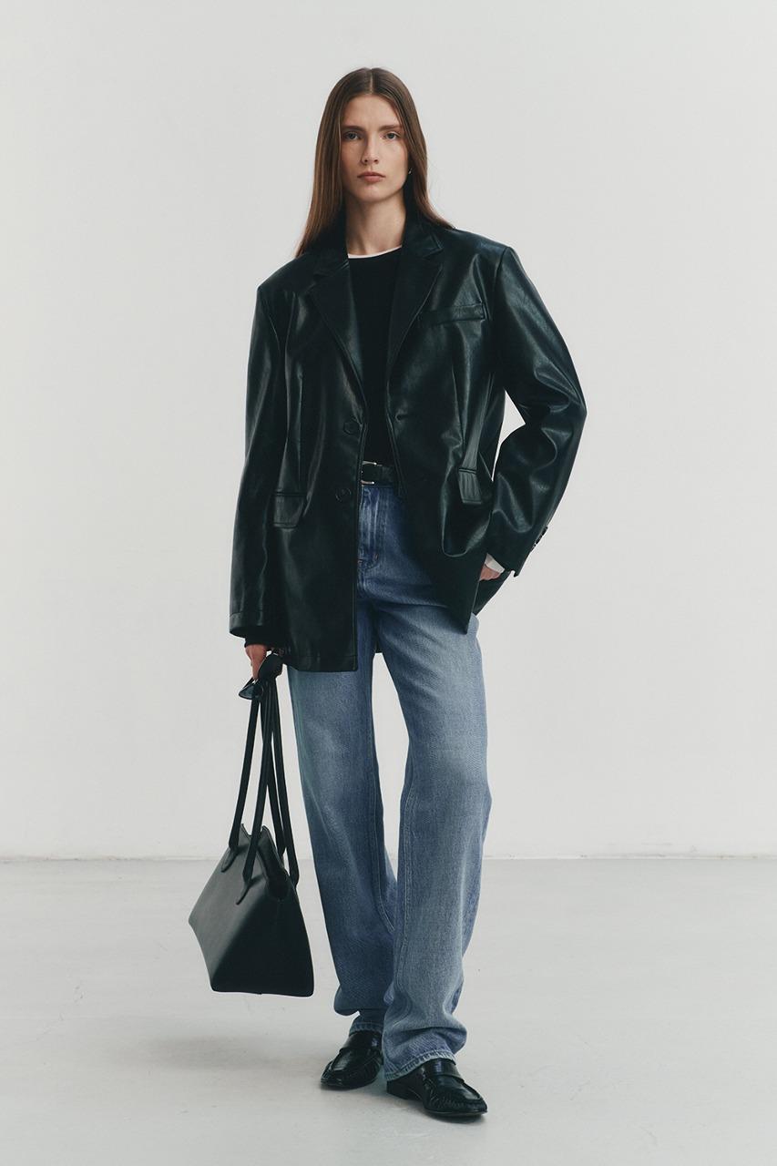 UNISEX 2 BUTTON VEGAN LEATHER BLAZER BLACK