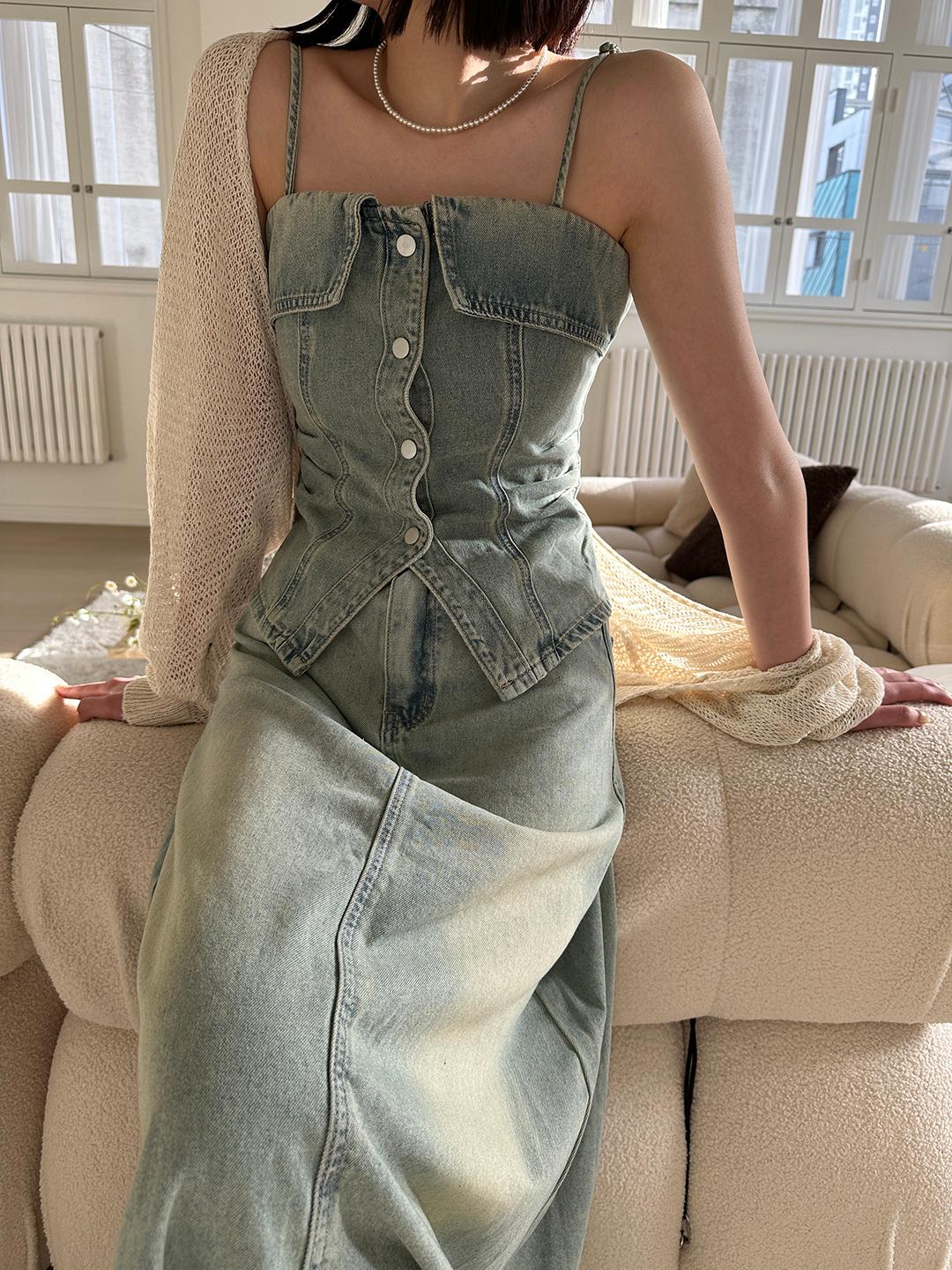 오브더나인 토티 버튼 데님 뷔스티에