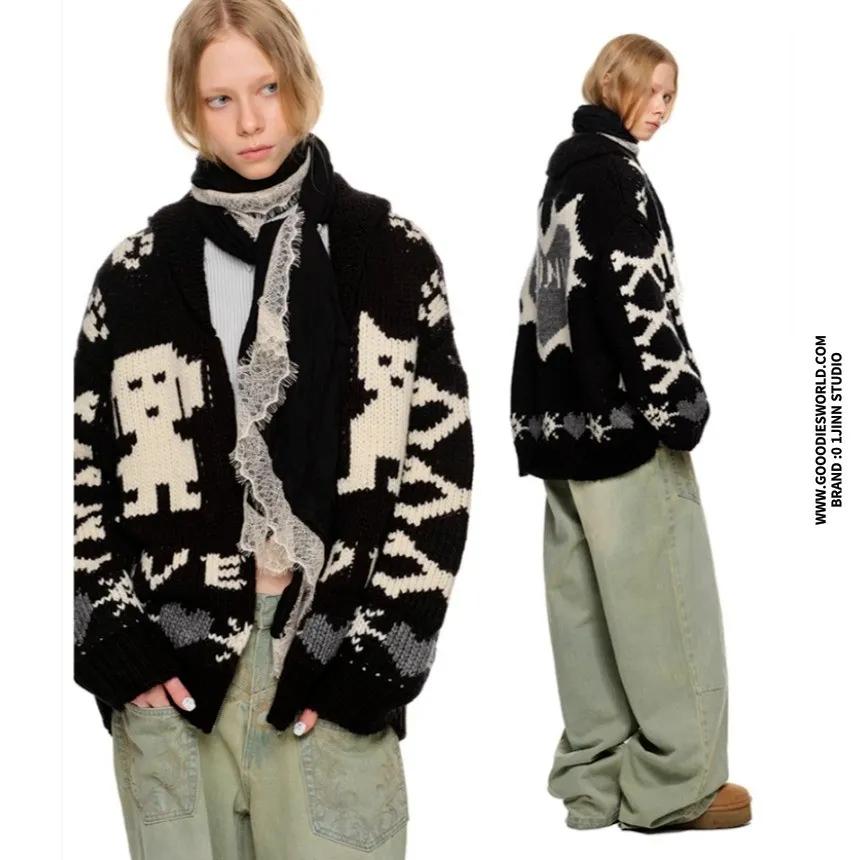 1JINN STUDIO 원진스튜디오 니트 오버핏 스웨터 카디건 레트로 자카드 스웨터