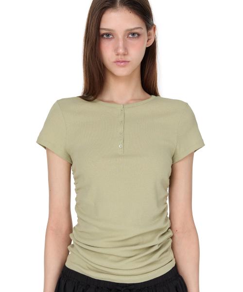 Henley Neck Shirring T-shirt, SAGE GREEN