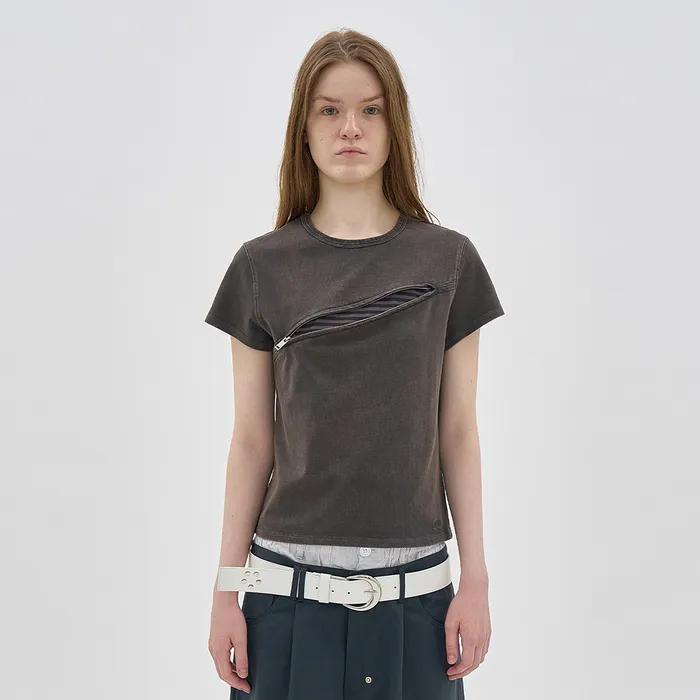 SLASH ZIP-UP MESH LAYER SHORT SLEEVE TEE_CHARCOAL
