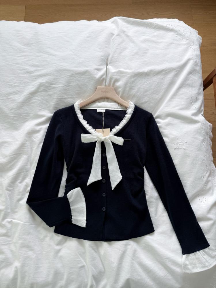 (하객룩) 리본 타이 레이스 니트