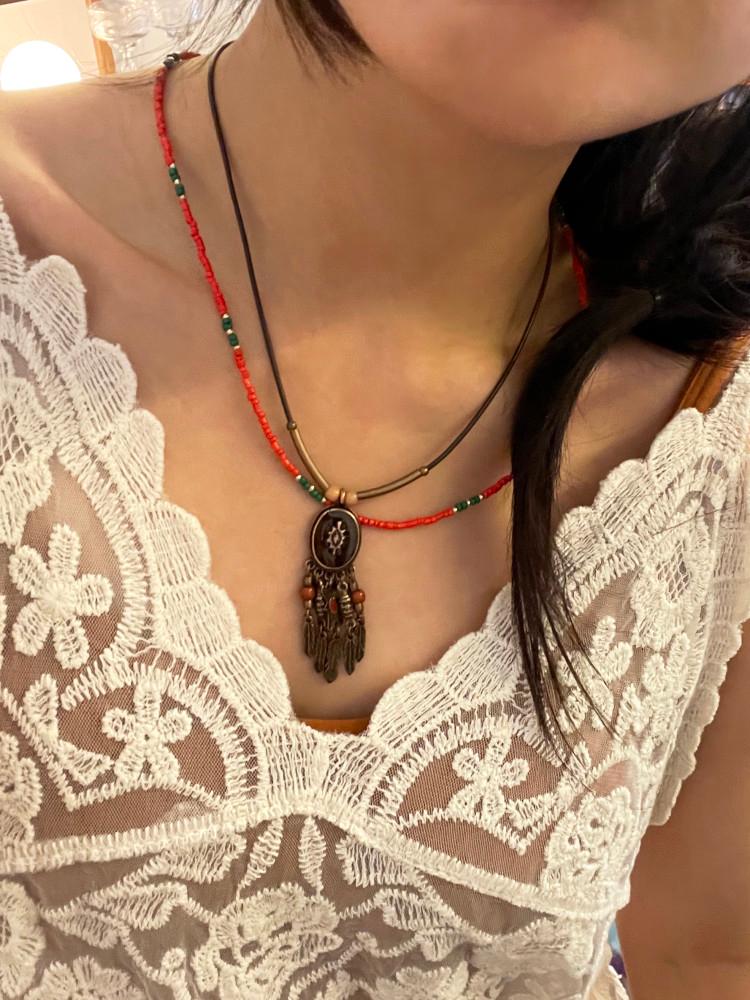 히피 팬던트 레이어드 목걸이 가죽목걸이줄 커플 우정 악세사리 3종