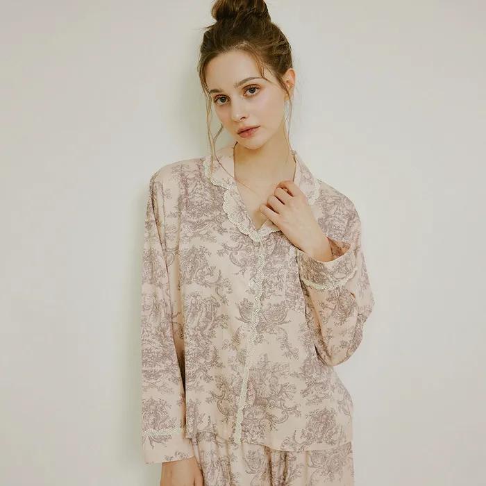 여성 베르사유 모달코튼 긴소매 레이스카라 투피스 잠옷