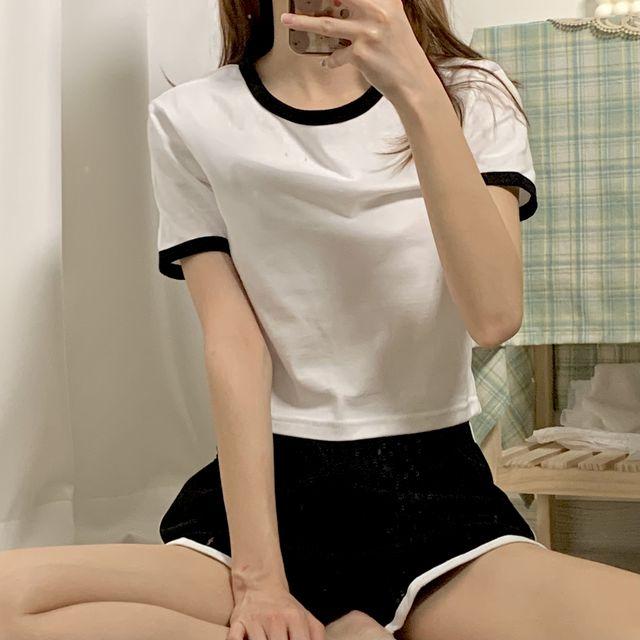 [당일출고] 랑꼬 배색 라운드 슬림핏 반팔 크롭티 3부 밴딩 숏 돌핀팬츠 투피스 트레이닝 세트