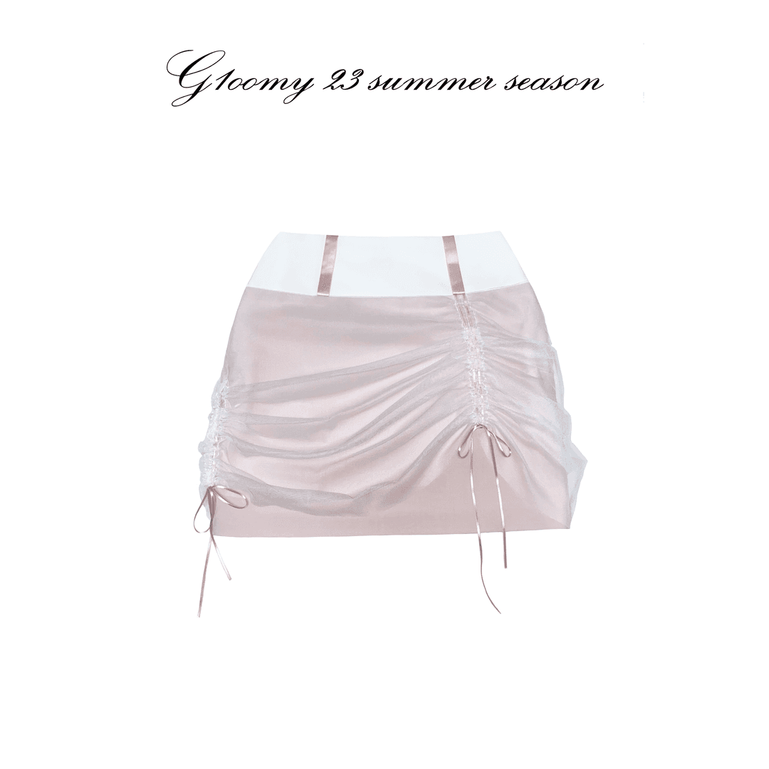 Shirring Ribbon Skirt WHITE X PINK