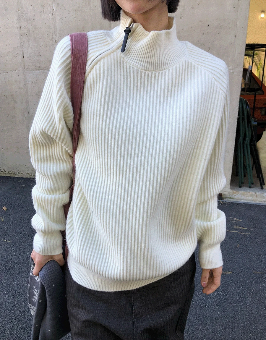 이지 숄더 사선 반집업 니트 (4color)