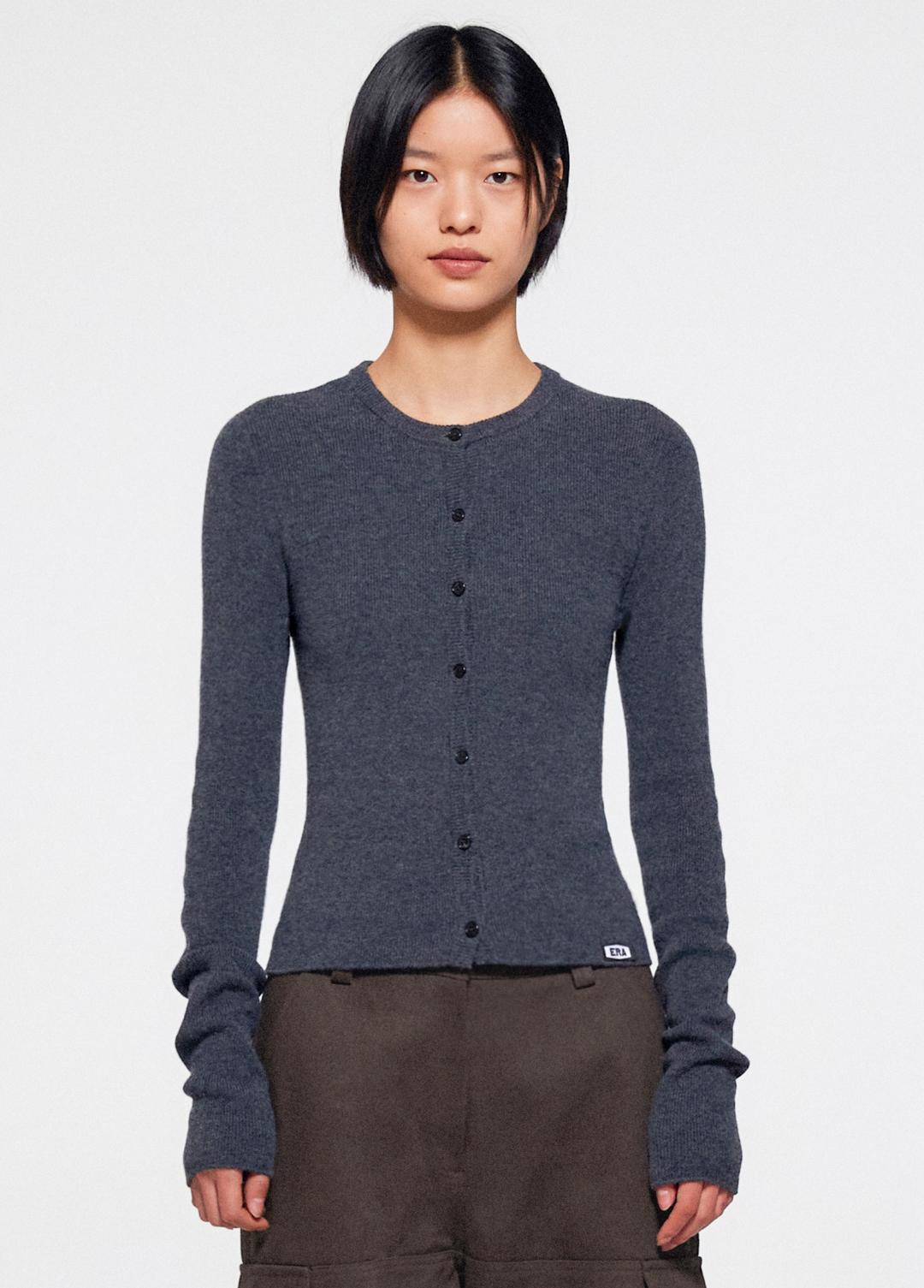 WOMEN SLIM COLLARLESS KNIT CARDIGAN - GRAY
